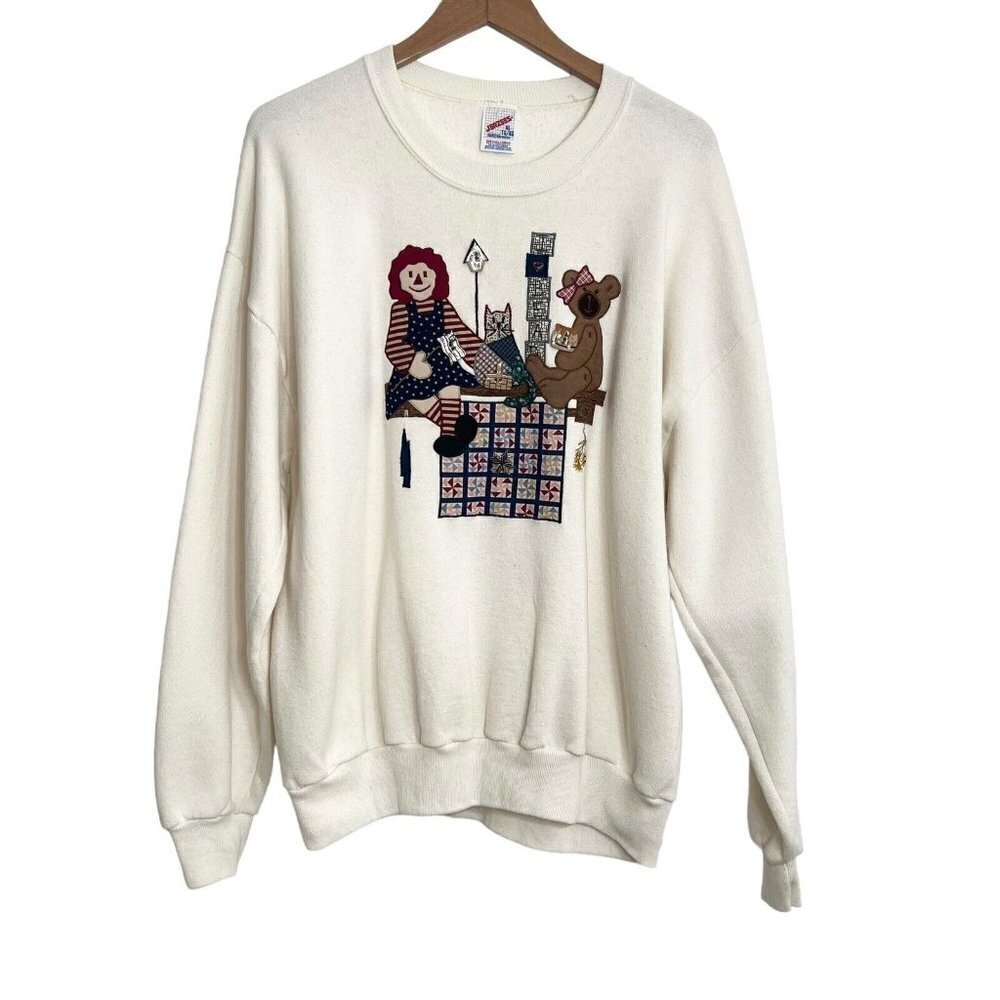 Raggedy Ann I‎ Love Bears Crewneck Sweatshirt Size XL Cream 90s Vintage Handmade